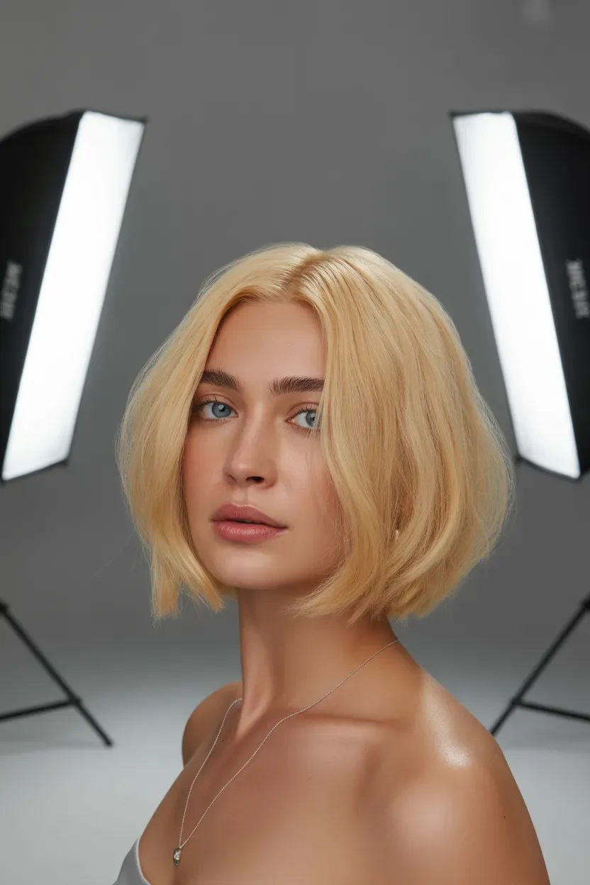 Woman with a blonde choppy bob styled with a smooth glossy finish