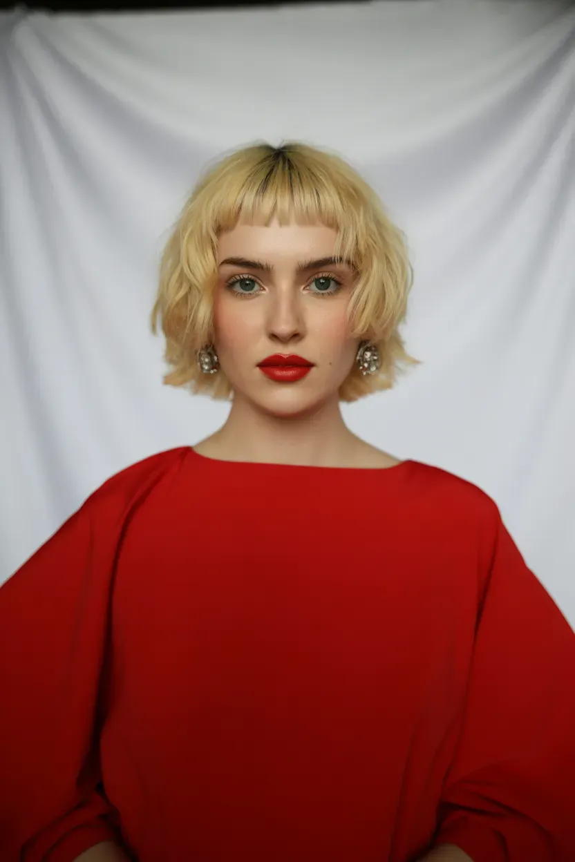 Woman with a blonde choppy bob and short micro bangs above the eyebrows