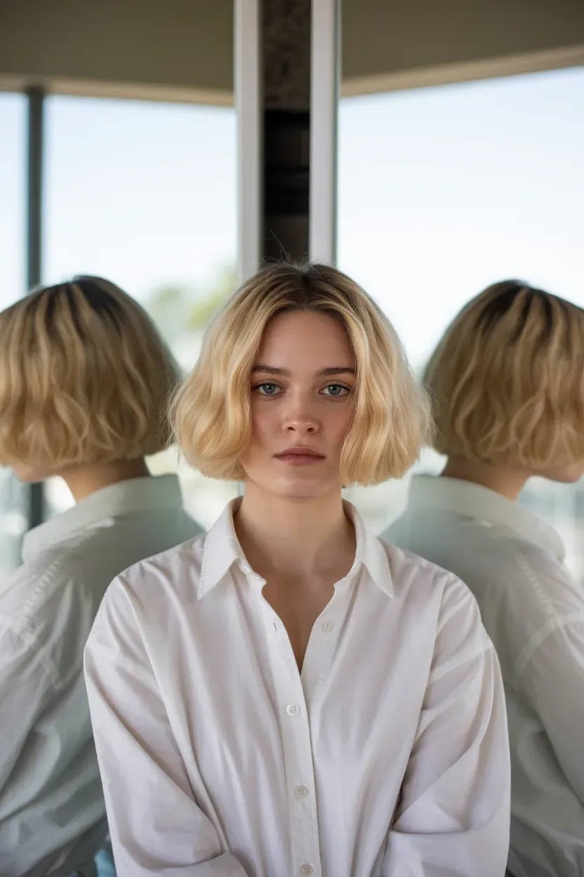 Woman with a blonde choppy bob styled with defined piecey ends using texturizing paste