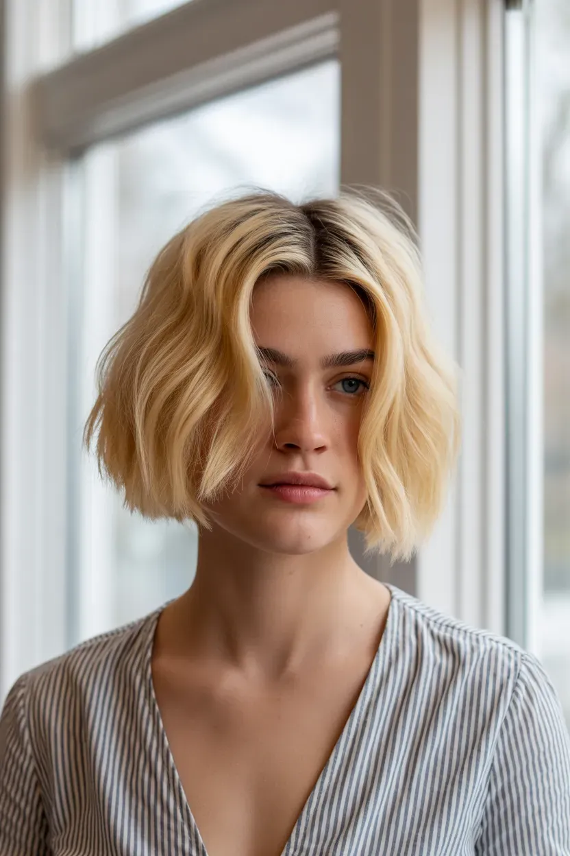 Woman with a blonde choppy bob showing visible lift and volume at the roots