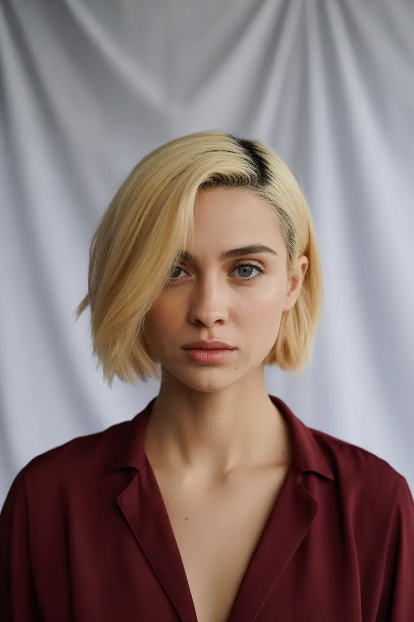 Woman with a blonde choppy bob styled with a soft side part