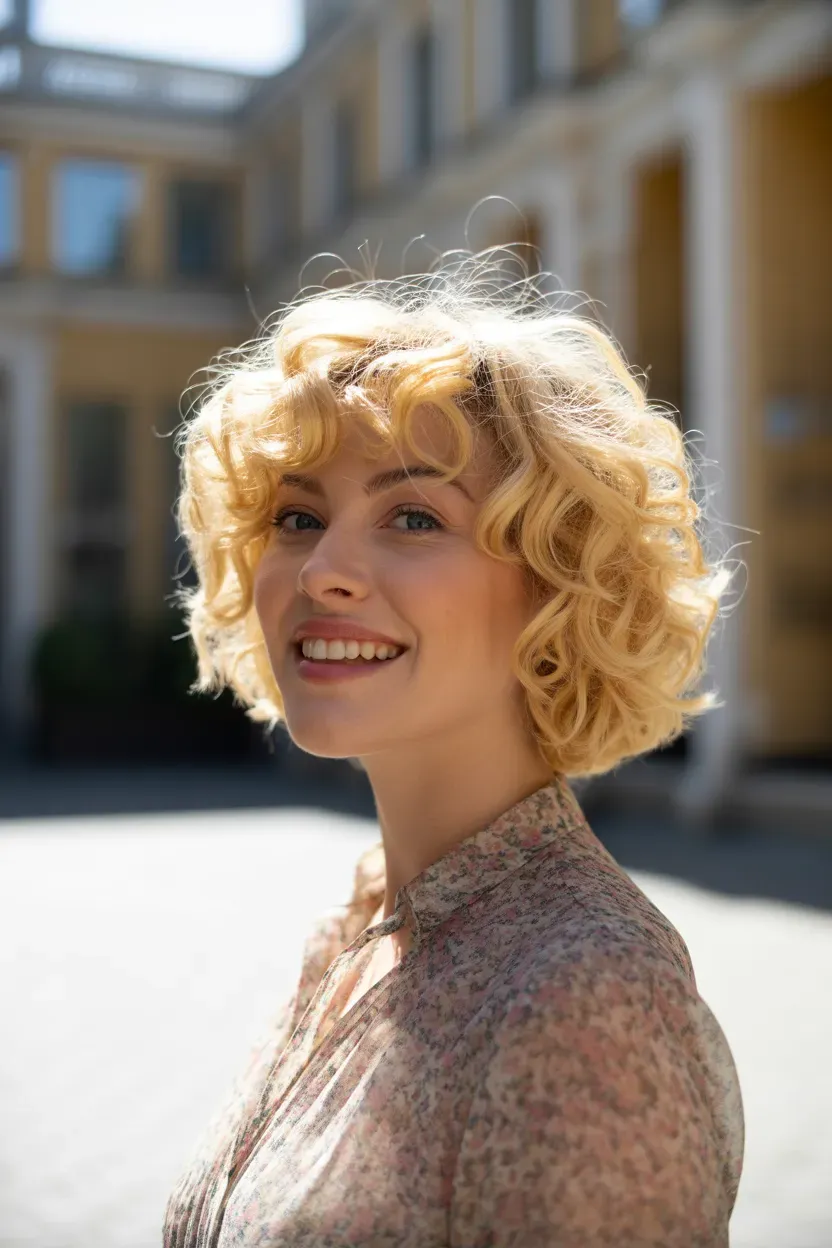 Woman with a blonde choppy bob styled with soft defined curls throughout
