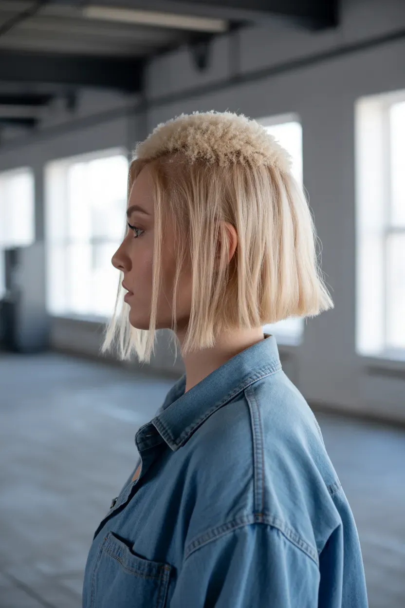 Woman with a blonde choppy bob featuring a subtle undercut at the nape