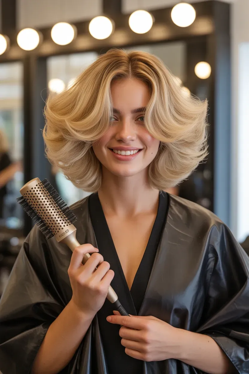 Woman with a blonde choppy bob styled into a full voluminous blowout