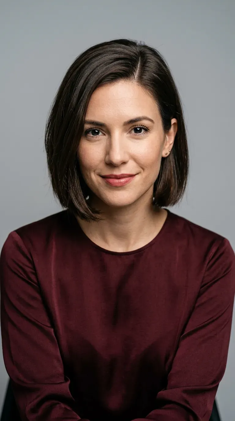 Woman with a side-parted bob showing lifted roots and a deep side part