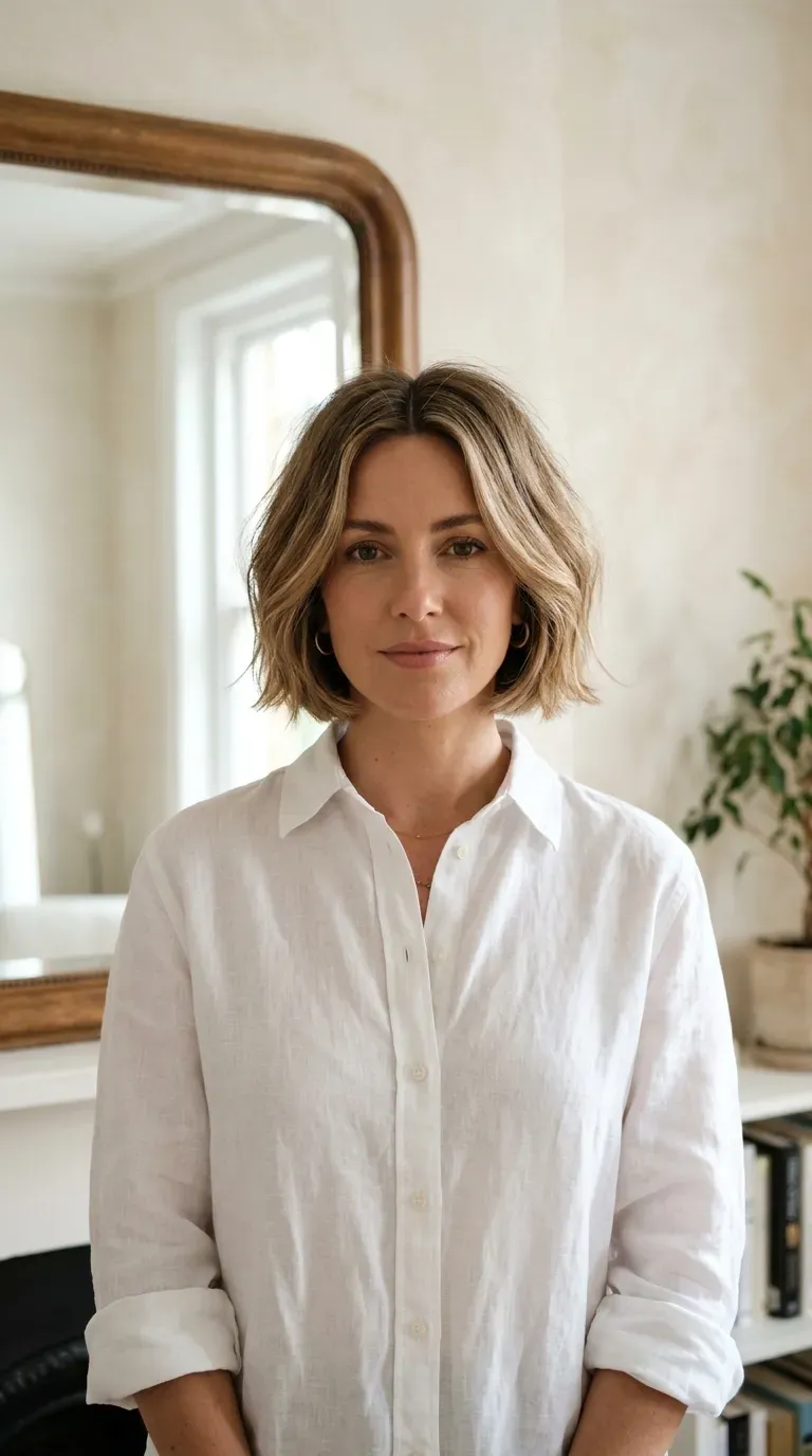 Woman with a center-parted bob showing lifted, textured roots