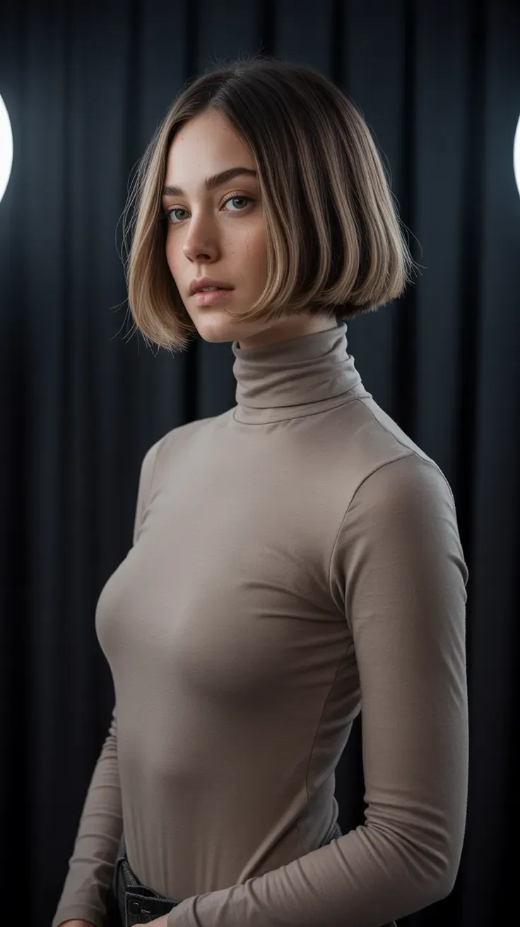 Woman with a chin-length bob featuring subtly asymmetric length between the two sides