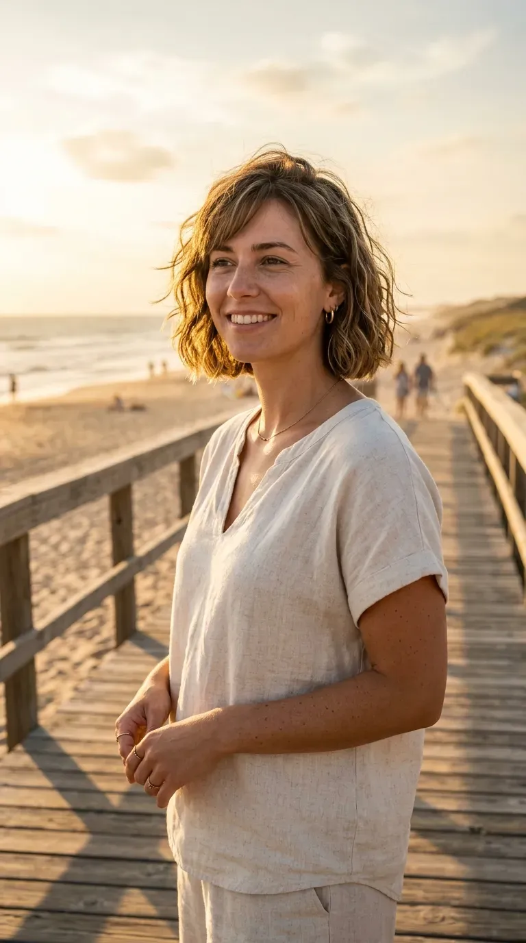 Woman with a chin-length bob styled with soft beachy waves and side-swept bangs