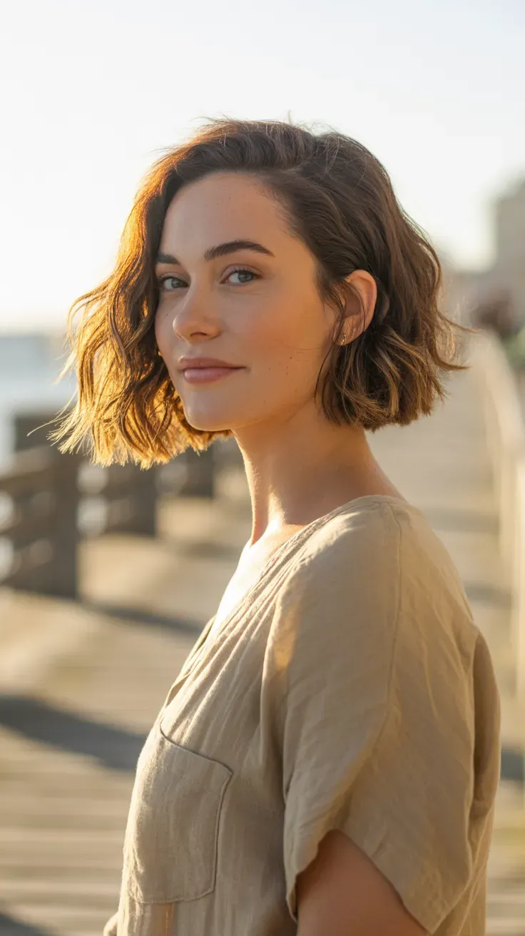 Woman with a chin-length bob styled with soft beachy waves