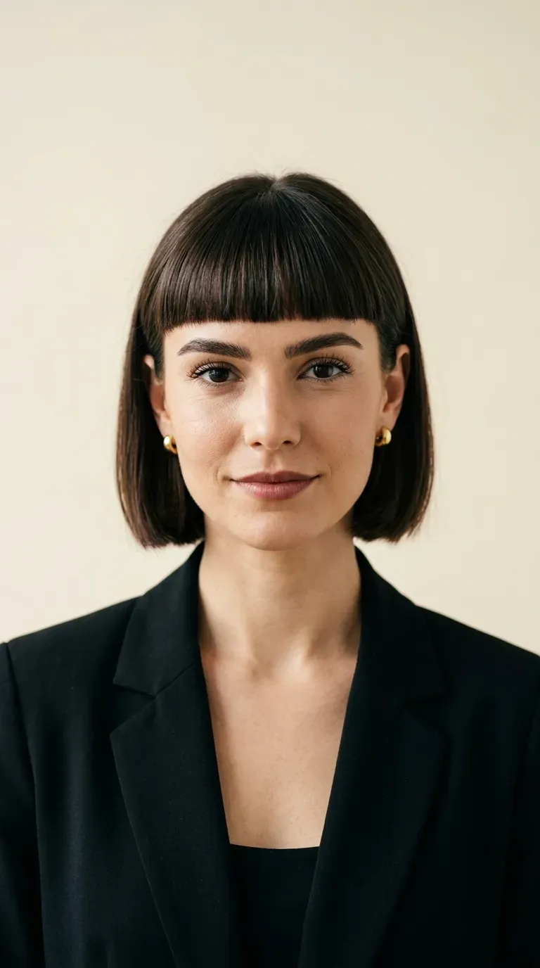 Woman with a chin-length bob paired with a bold blunt eyebrow-skimming fringe