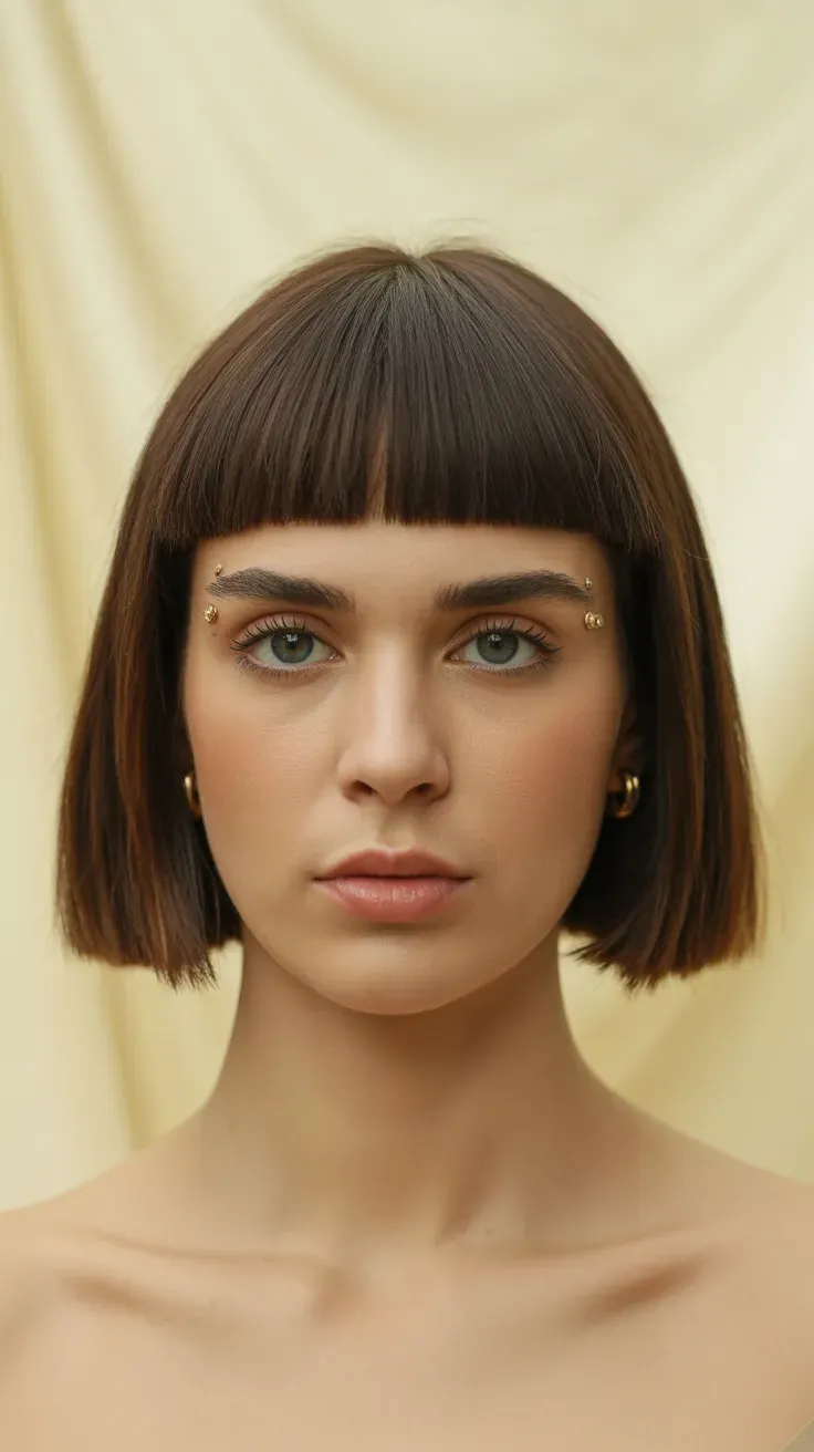 Woman with a chin-length bob paired with a bold blunt eyebrow-skimming fringe