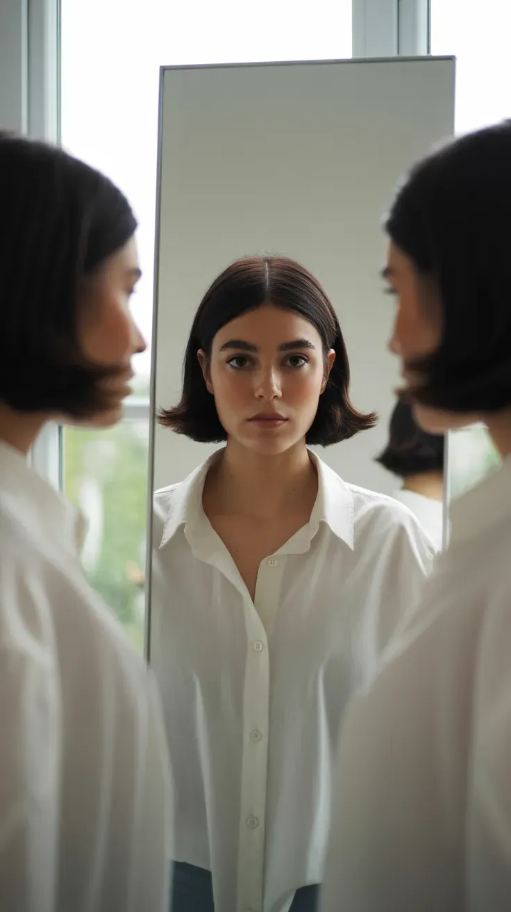 Woman with a chin-length bob styled with a symmetrical center part