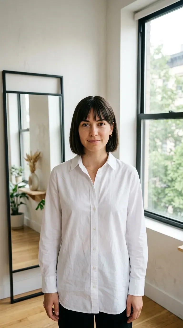 Woman with a chin-length bob and bangs styled with a symmetrical center part