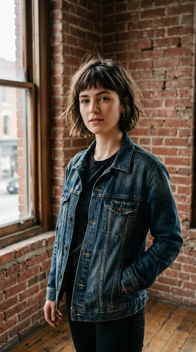 Woman with a chin-length bob featuring choppy textured bangs