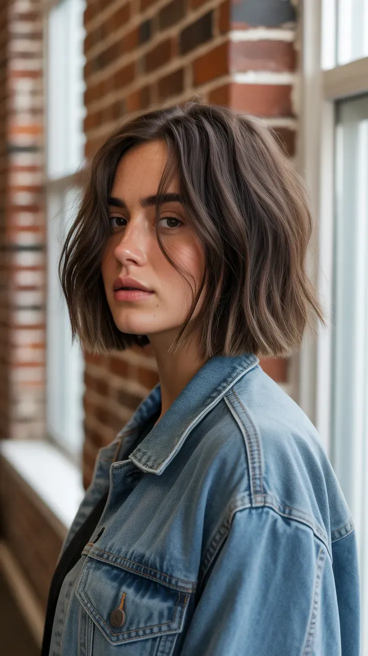 Woman with a chin-length bob featuring choppy textured layers throughout
