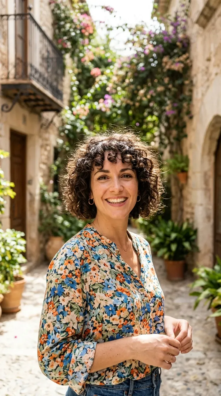Woman with a chin-length bob showing natural curly texture and soft curly bangs