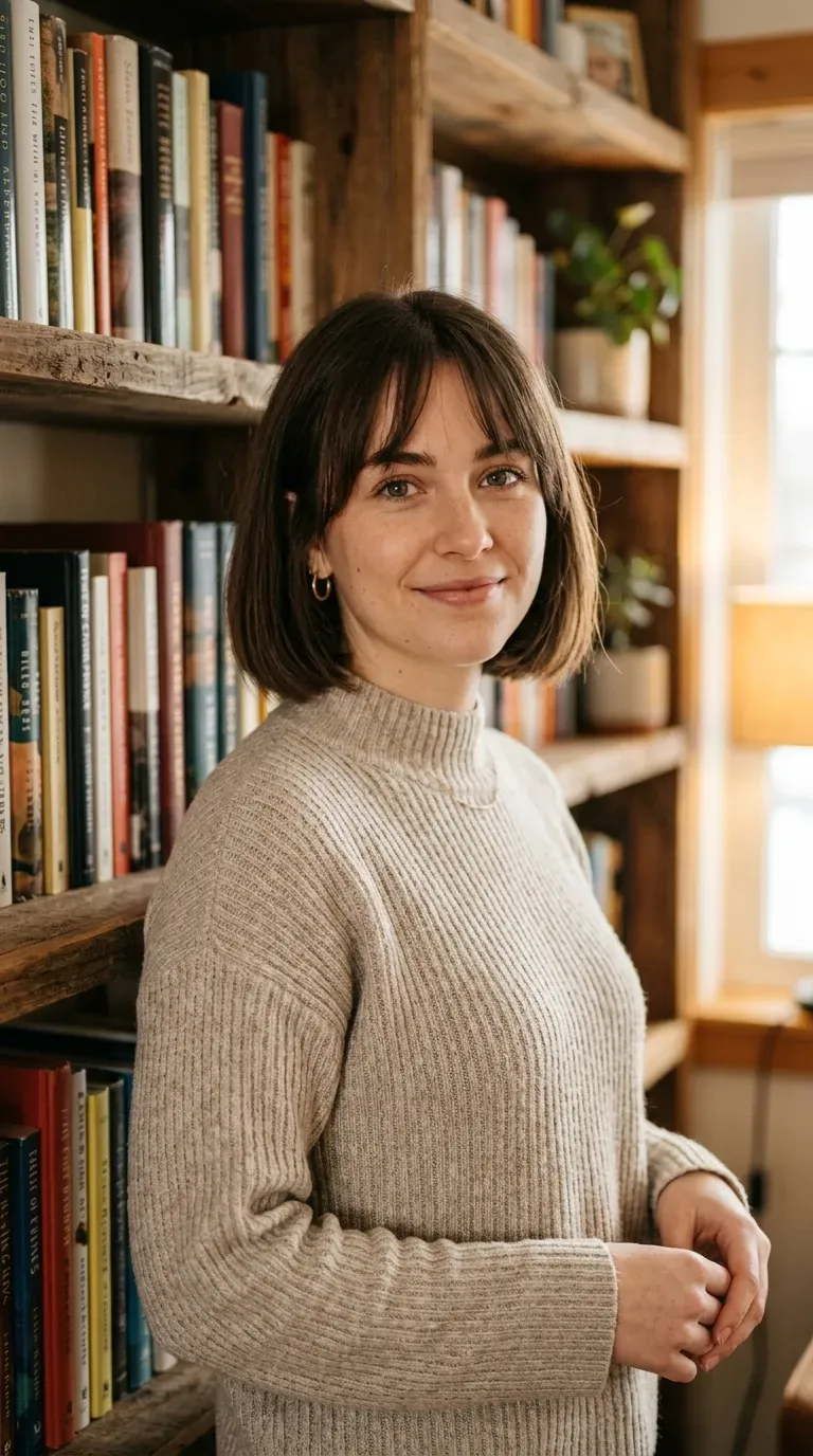 Woman with a chin-length bob and soft curtain bangs parted at the center