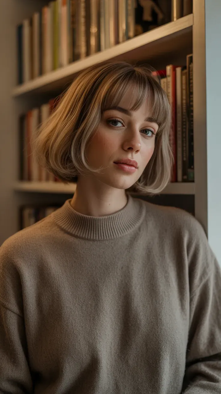 Woman with a chin-length bob and soft curtain bangs