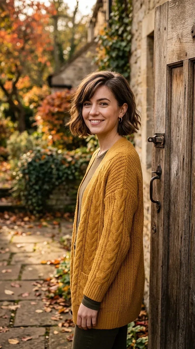 Woman with a chin-length bob styled with a dramatic deep side part and swept bangs