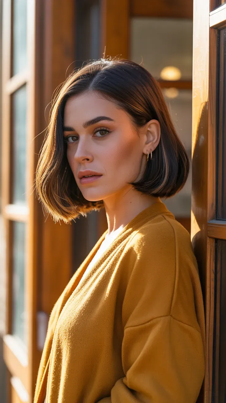Woman with a chin-length bob styled with a dramatic deep side part
