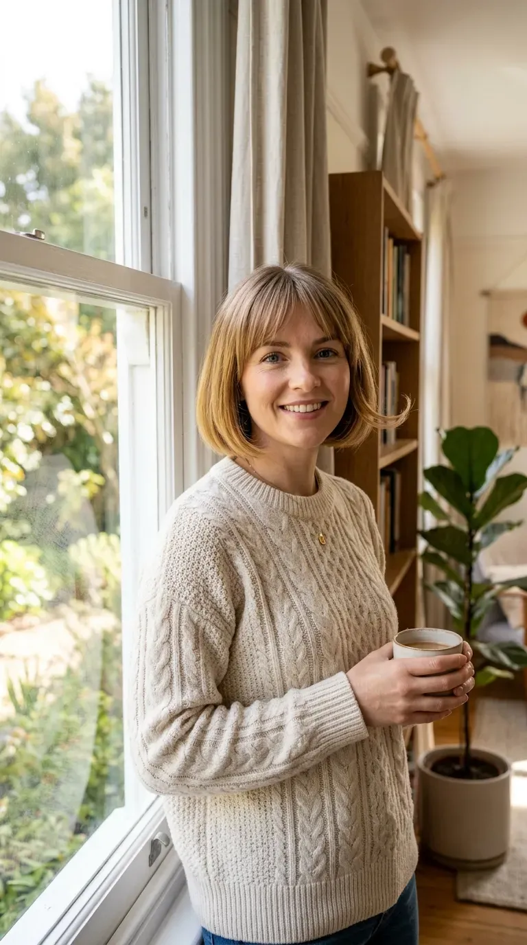 Woman with a chin-length bob featuring soft face-framing bangs at the front