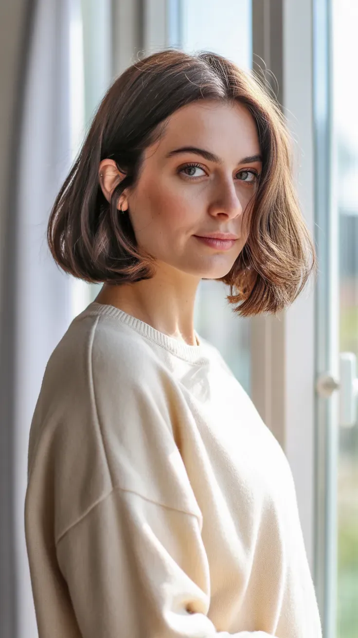 Woman with a chin-length bob featuring soft face-framing layers