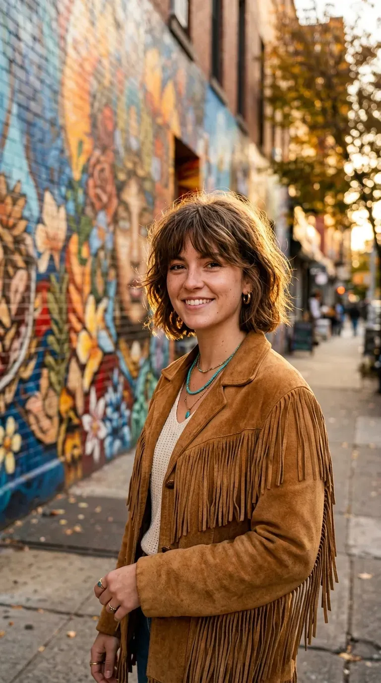 Woman with a chin-length bob and feathered layered bangs blending into the sides