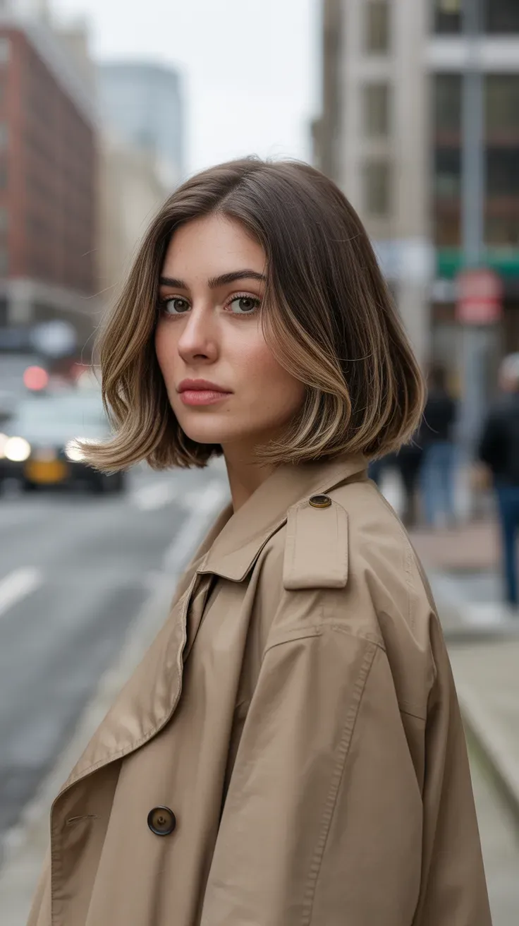Woman with a chin-length bob featuring soft feathered layers throughout