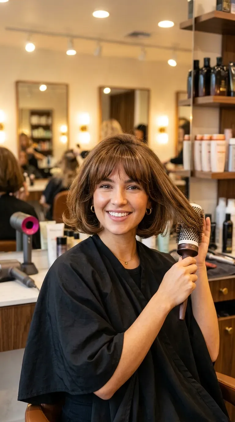 Woman with a chin-length bob styled into a full voluminous glossy blowout with bangs