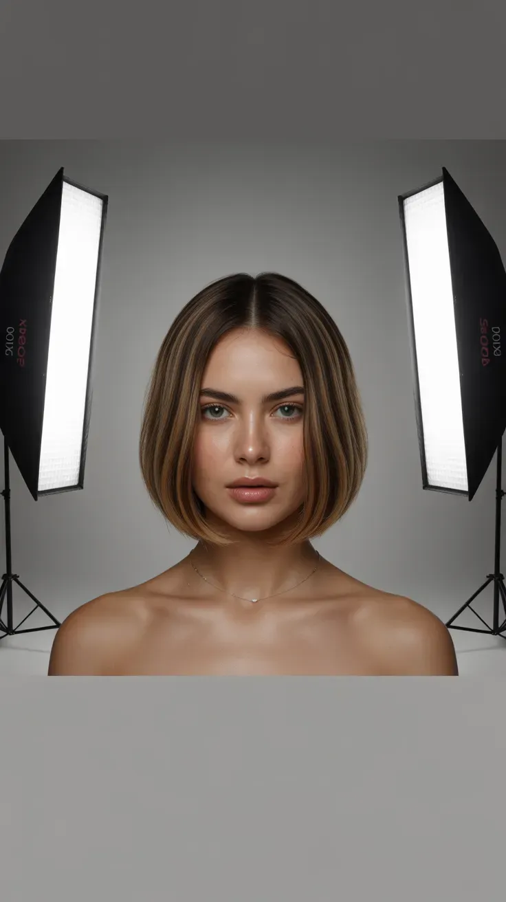 Woman with a chin-length bob styled with a smooth glossy finish