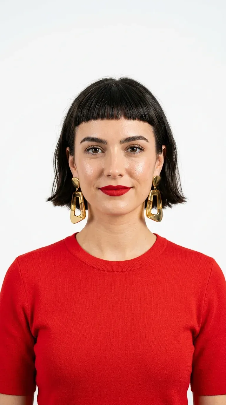 Woman with a chin-length bob and short micro bangs above the eyebrows