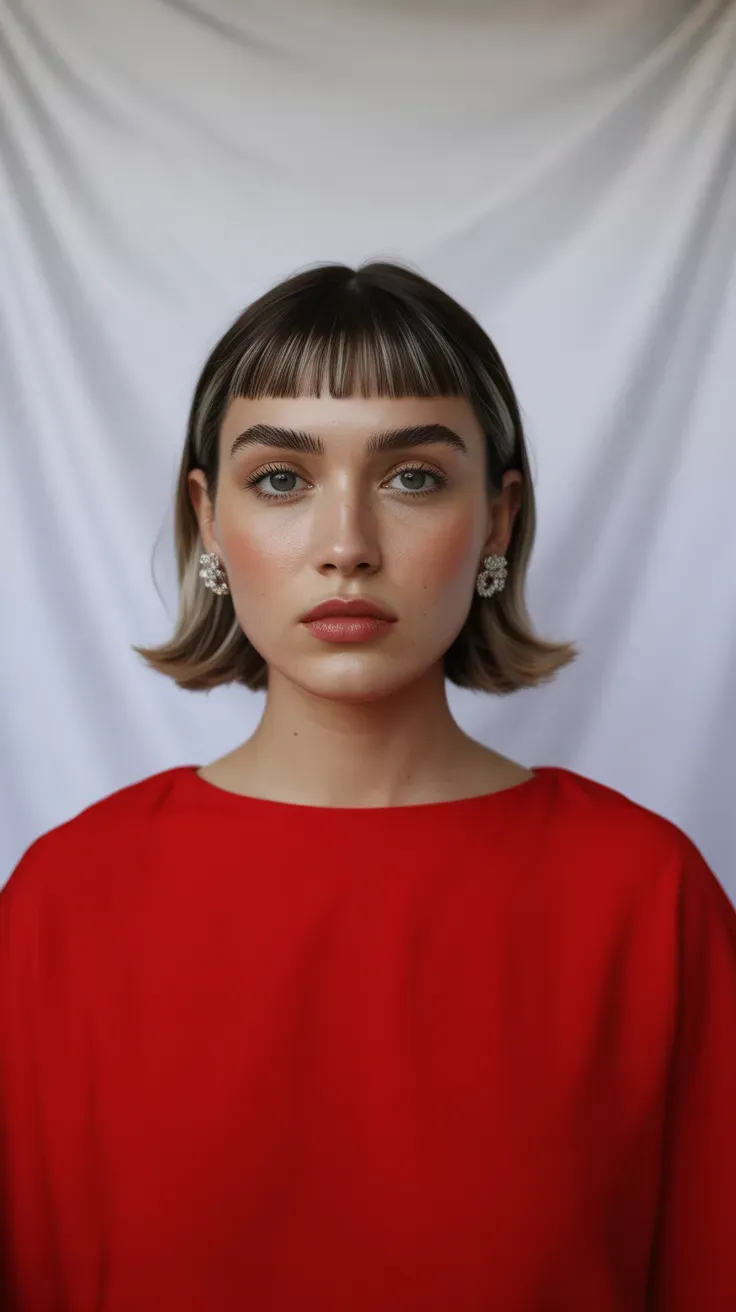 Woman with a chin-length bob and short micro bangs above the eyebrows