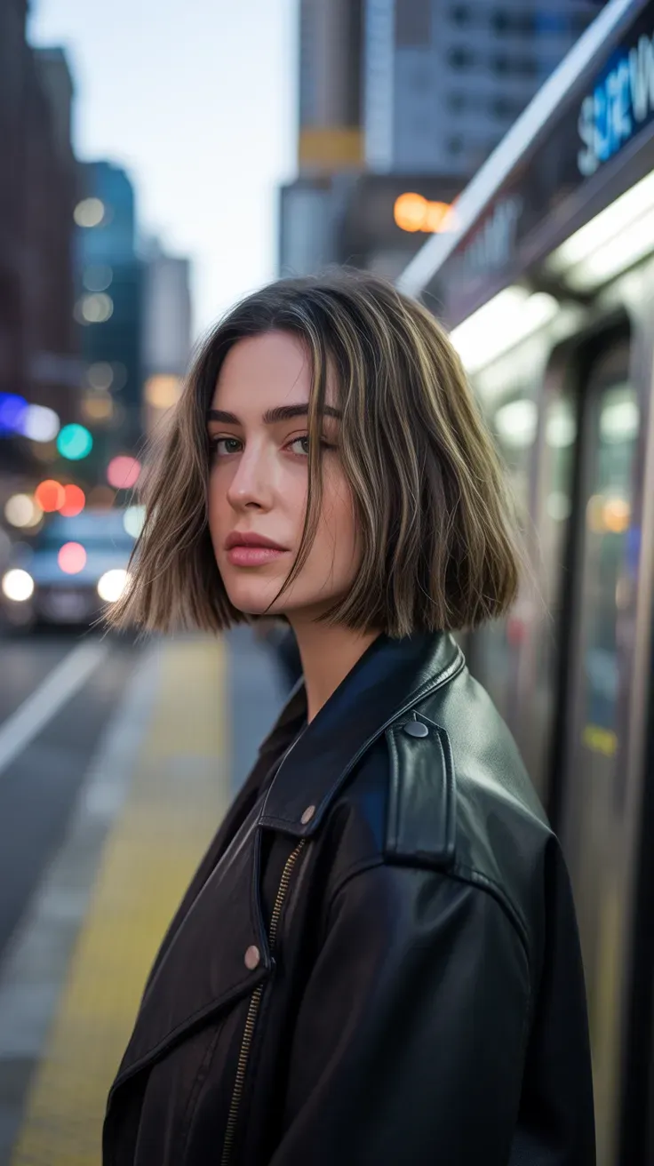 Woman with a chin-length bob styled with defined piecey ends using texturizing paste