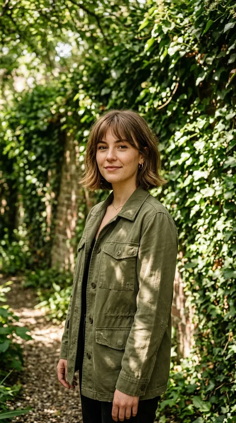 Woman with a chin-length bob featuring soft razor-cut bangs for added texture