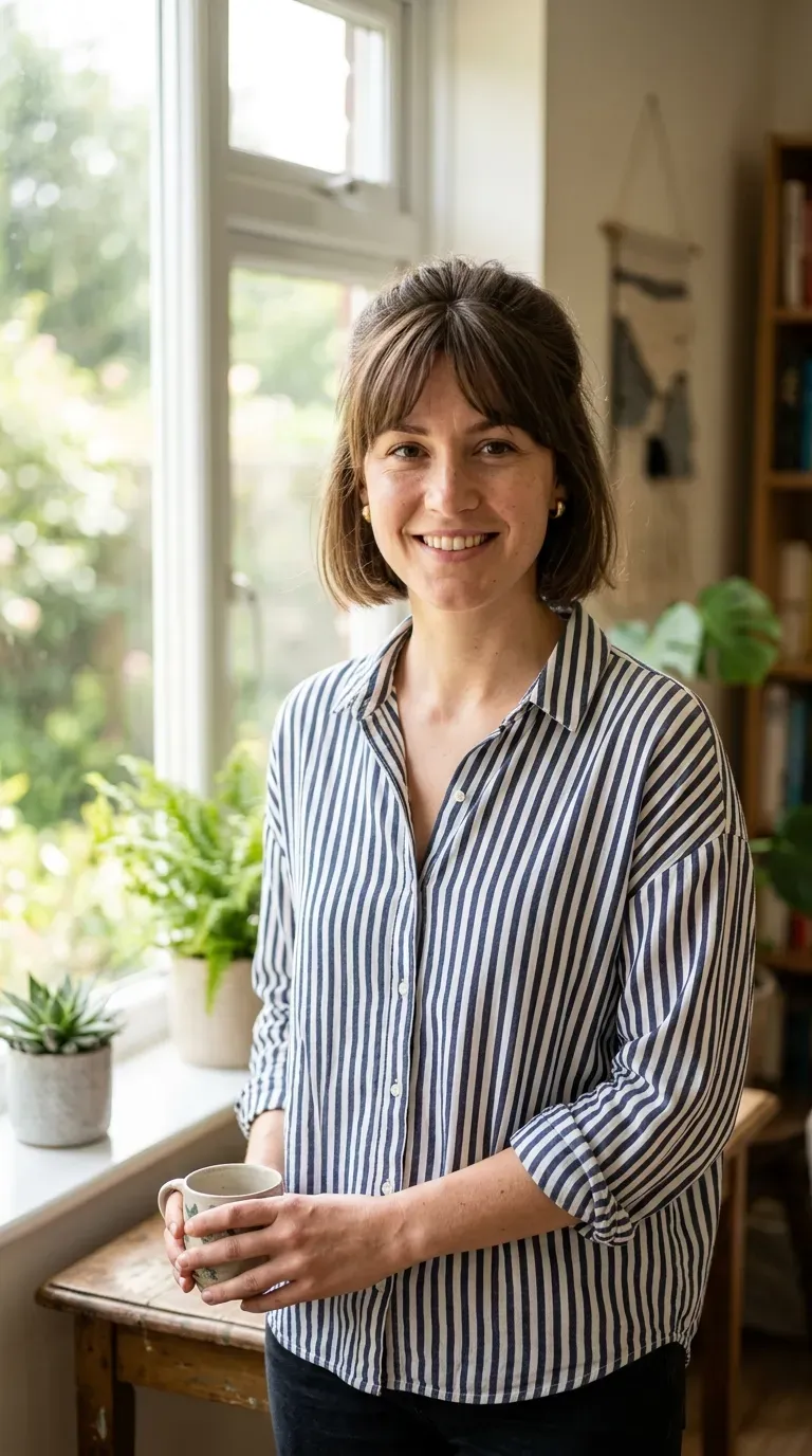 Woman with a chin-length bob showing visible lift and volume at the roots with soft bangs