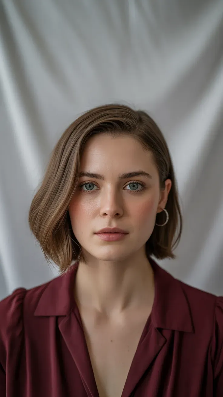 Woman with a chin-length bob styled with a soft side part