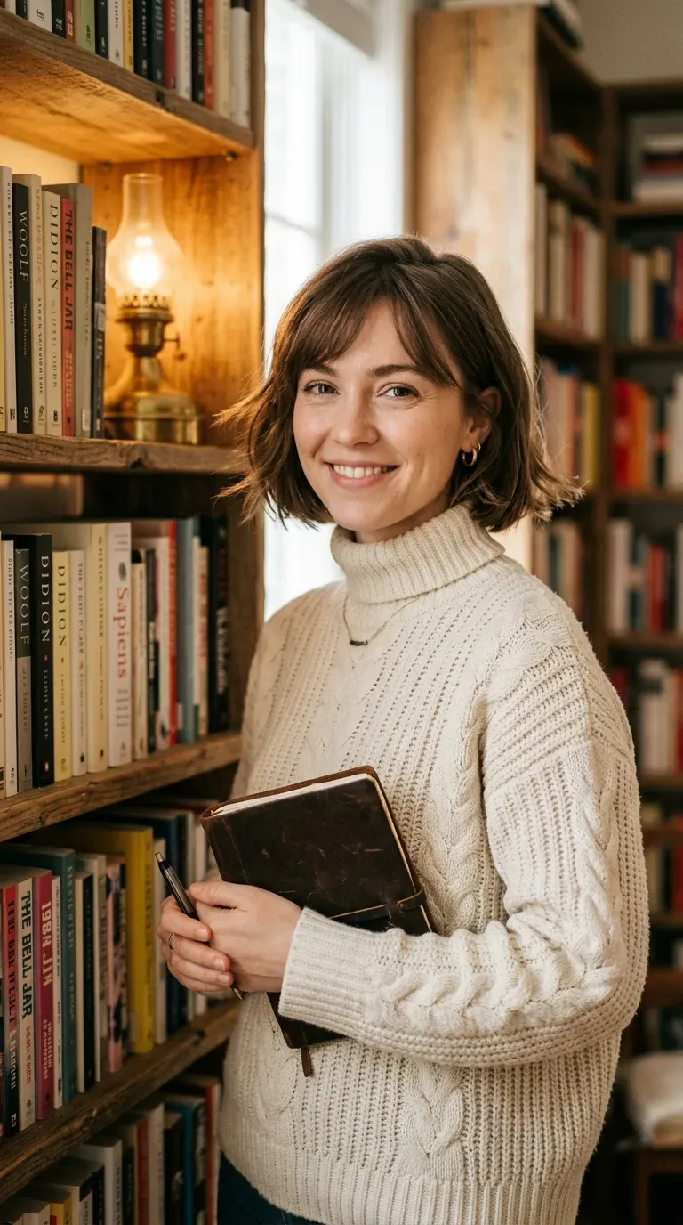 Woman with a chin-length bob and soft side-swept bangs framing the forehead