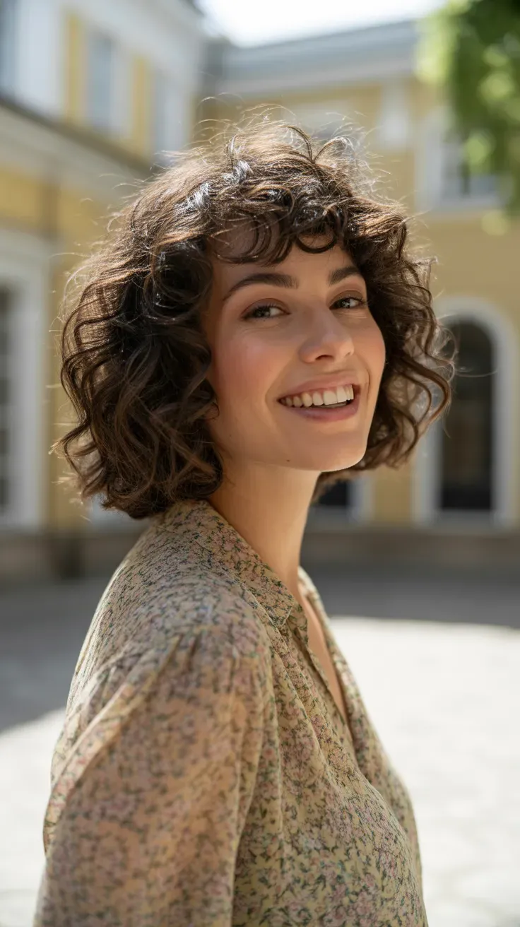 Woman with a chin-length bob styled with soft defined curls throughout