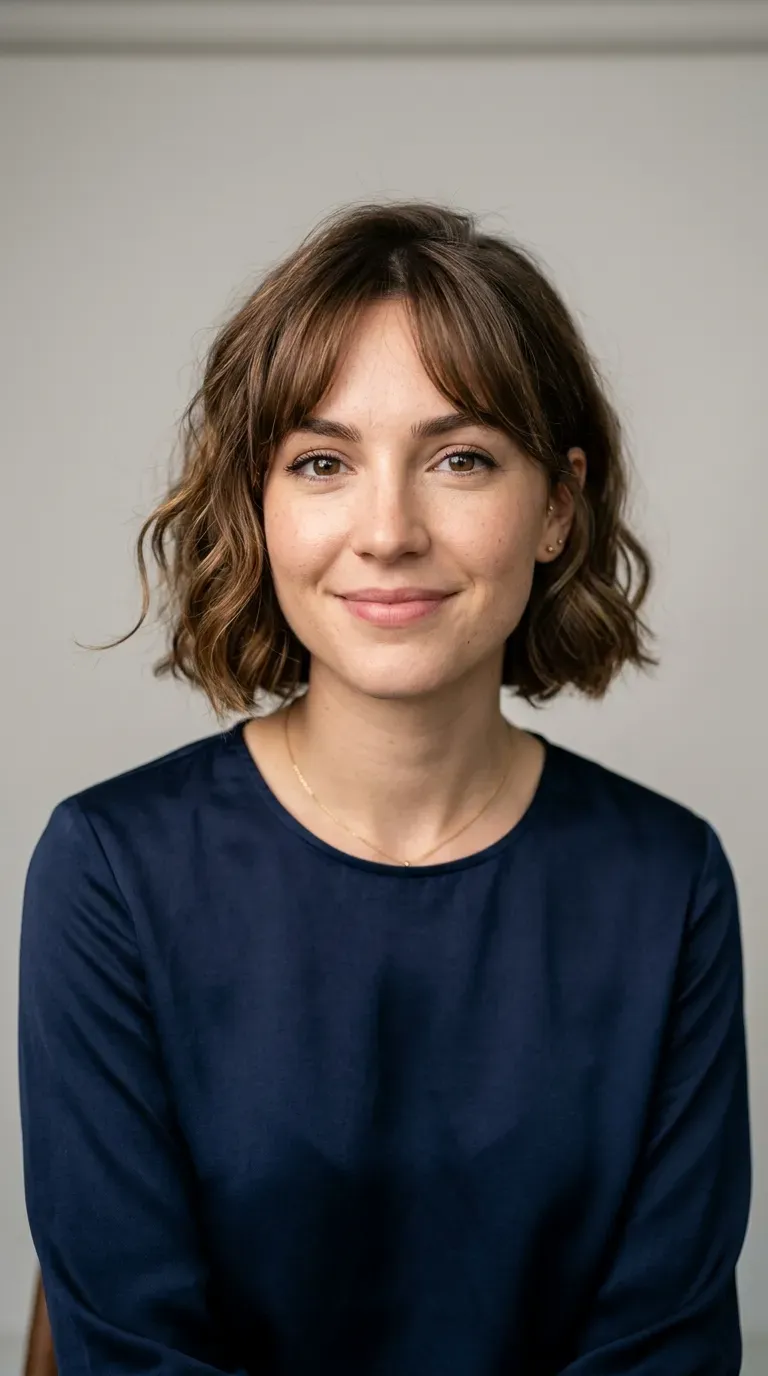 Woman with a chin-length bob styled with loose soft waves and curtain bangs