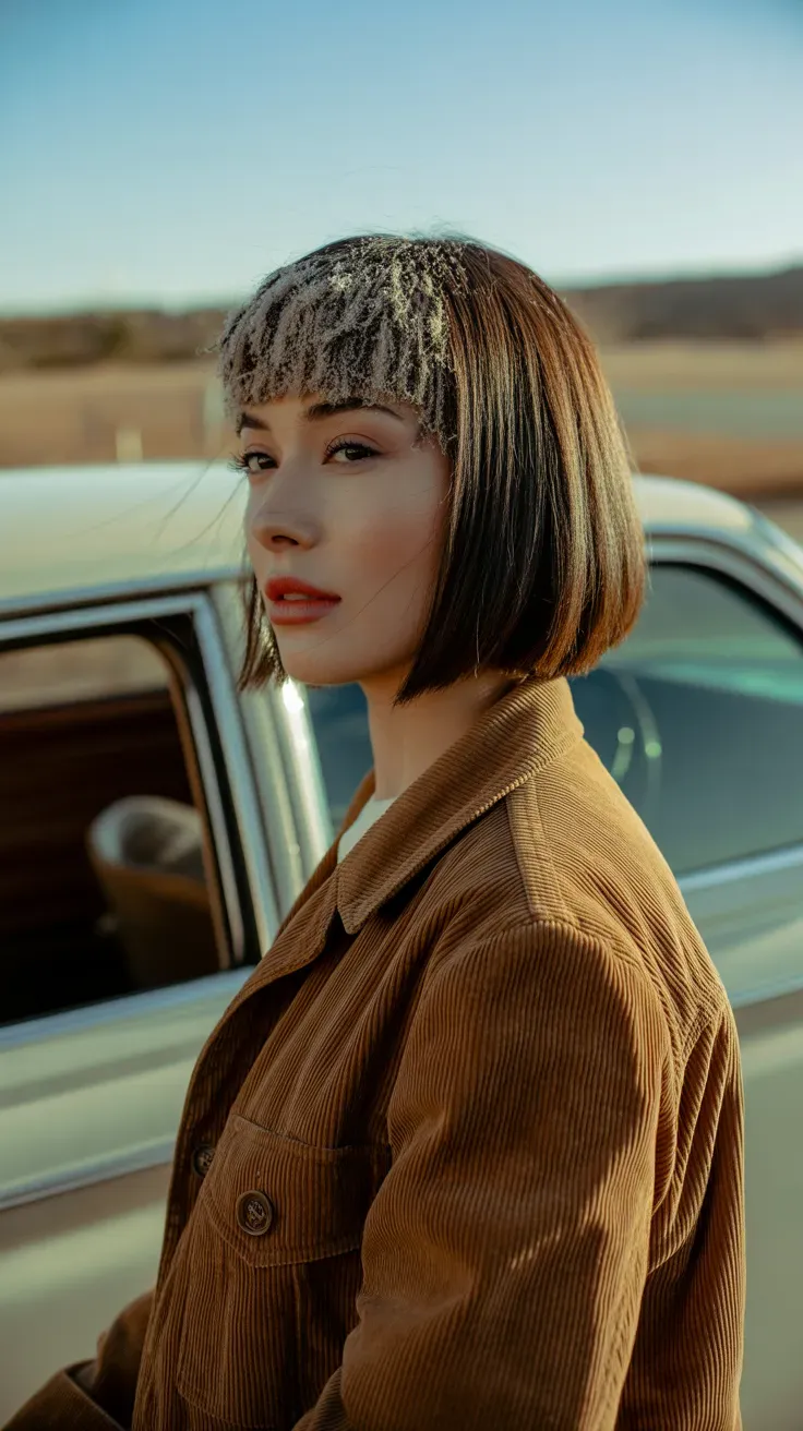 Woman with a chin-length bob featuring heavily textured layers concentrated at the crown