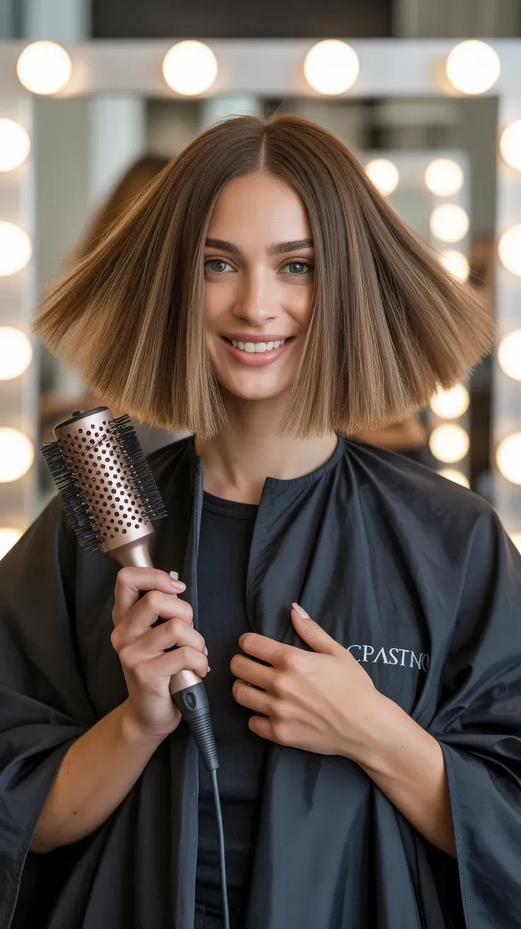 Woman with a chin-length bob styled into a full voluminous blowout