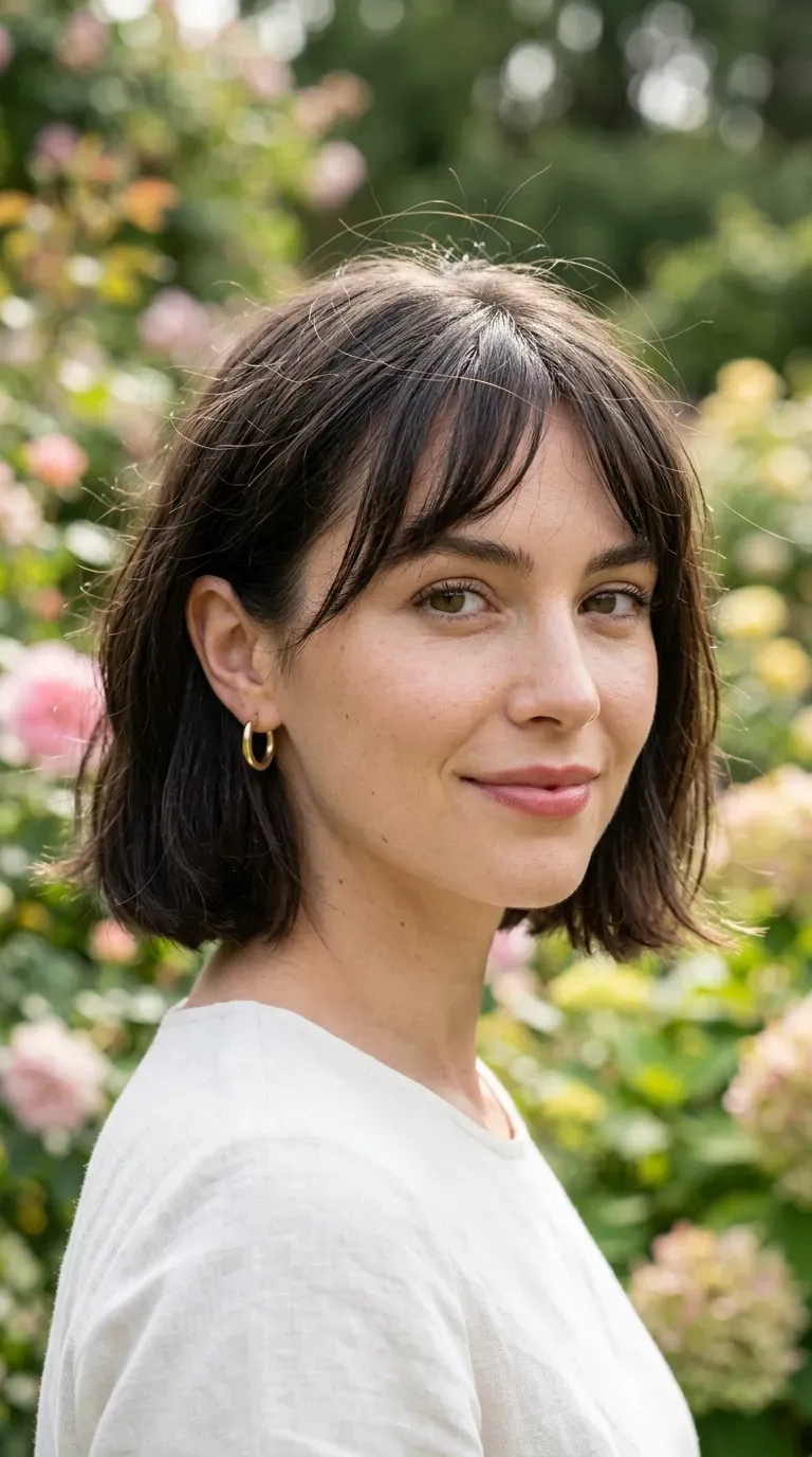 Close-up of woman with a chin-length bob and wispy bangs softly framing her forehead