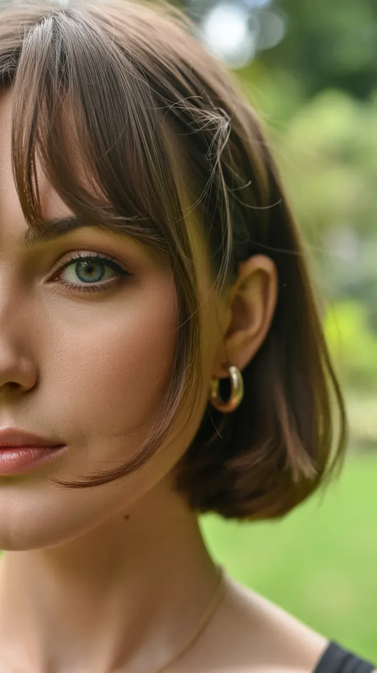 Close-up of woman with a chin-length bob and wispy bangs softly framing her forehead