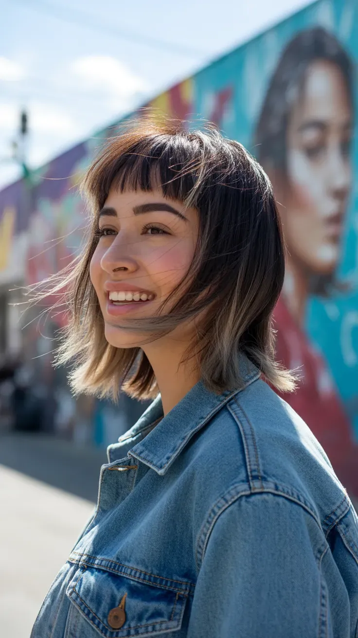 Woman with a chin-length shag haircut featuring choppy layers throughout