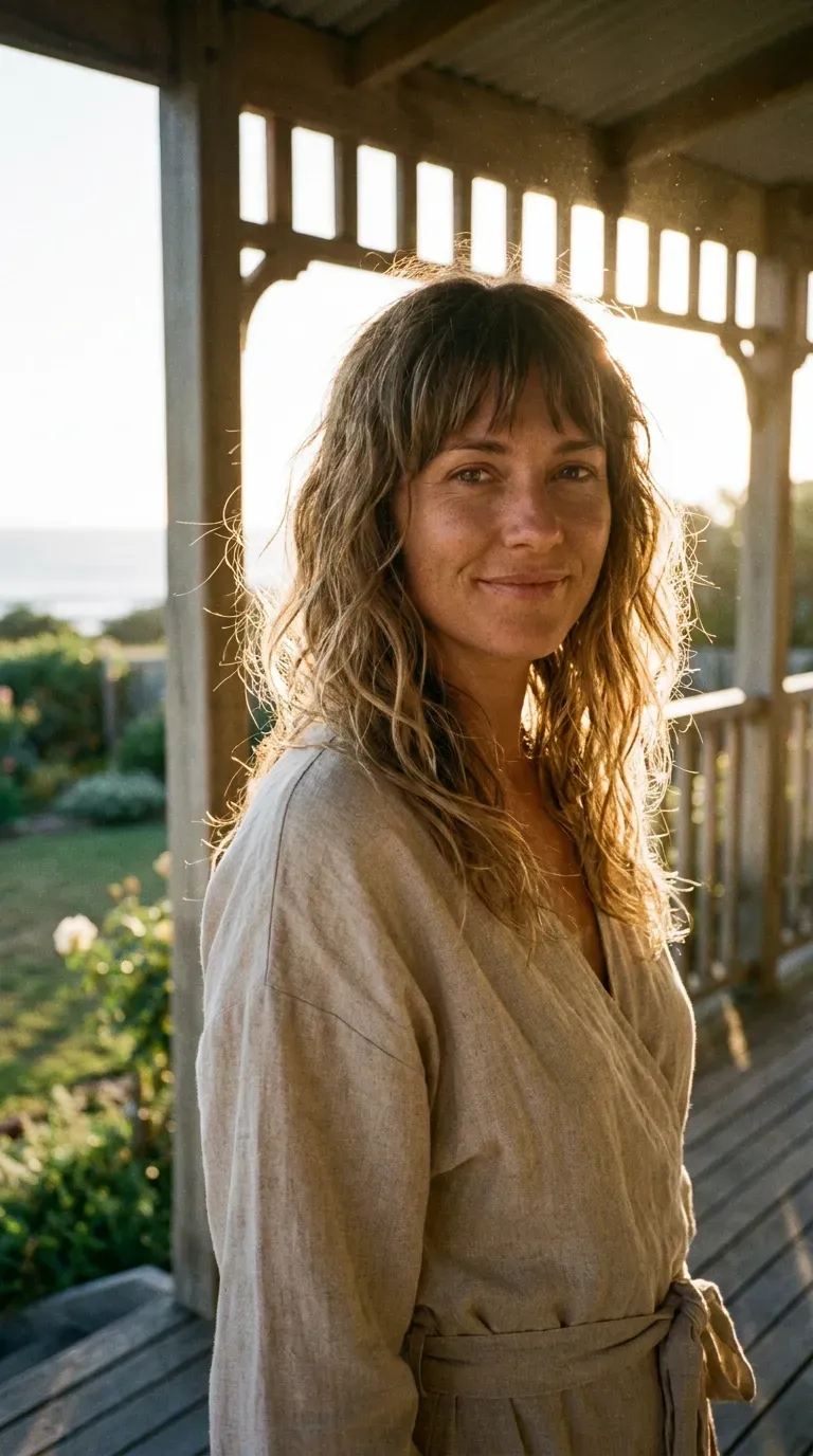 Woman with soft beachy waves and choppy bangs styled to match