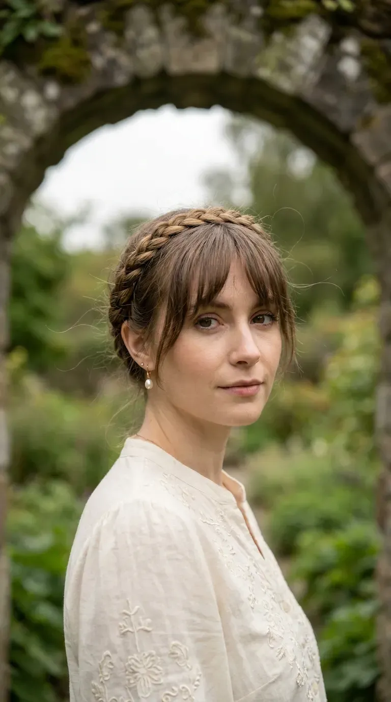 Woman with a delicate thin braid wrapped around the crown alongside choppy bangs