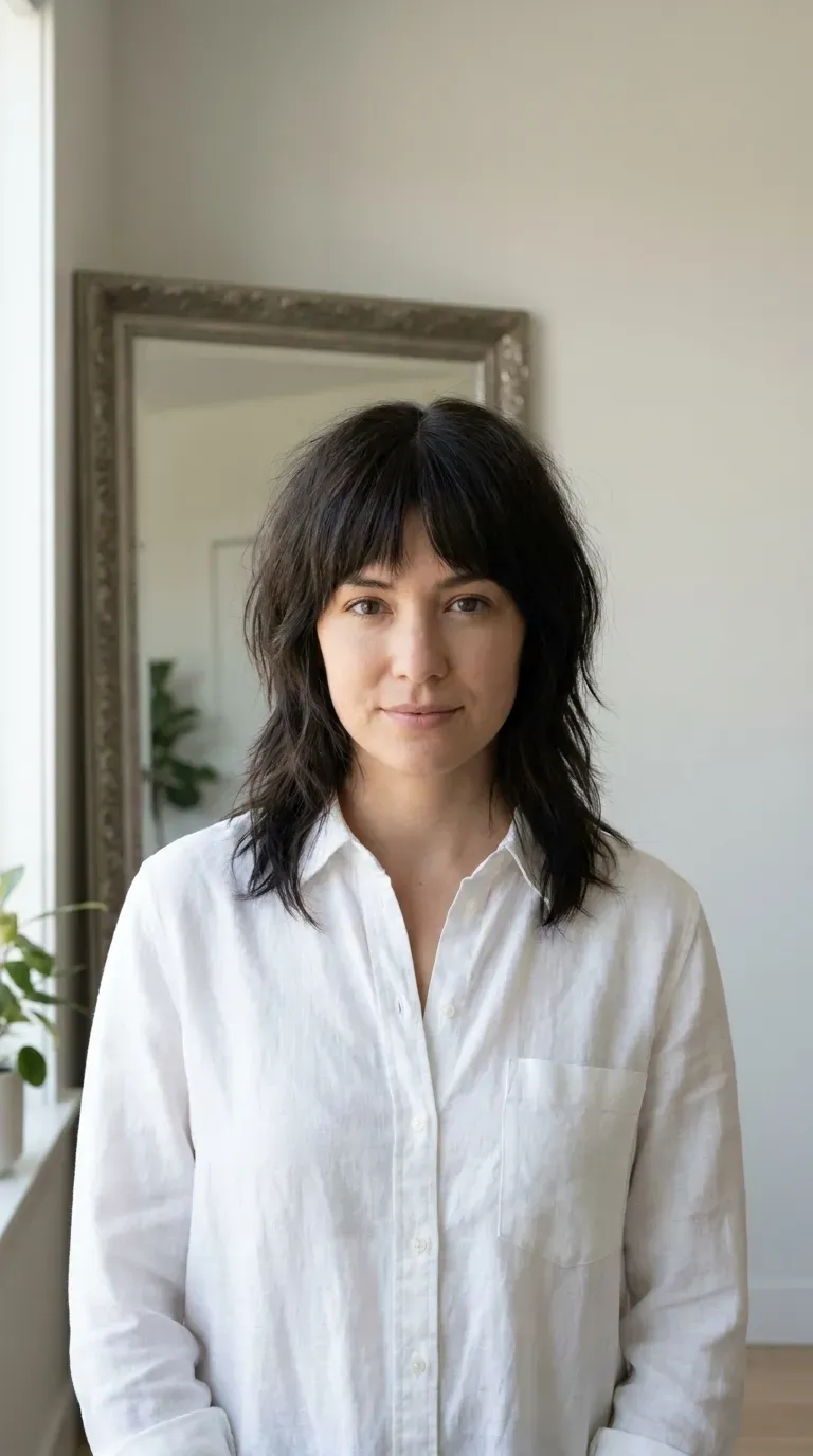 Woman with choppy bangs and a symmetrical center part