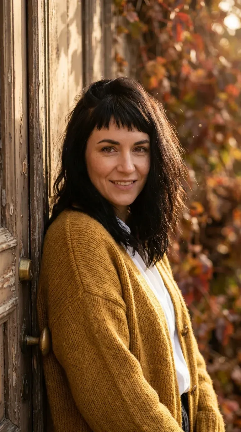 Woman with choppy bangs styled with a dramatic deep side part