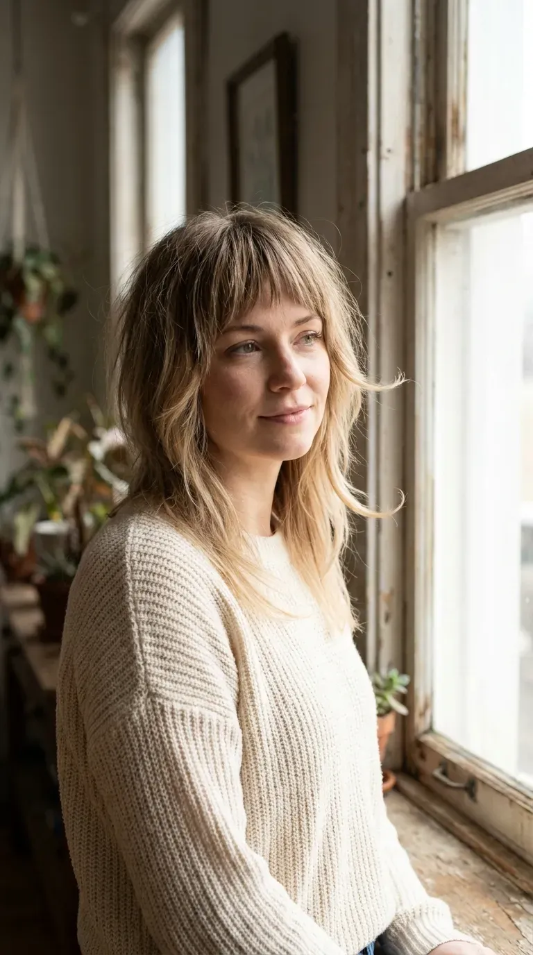 Woman with choppy bangs and soft face-framing layers