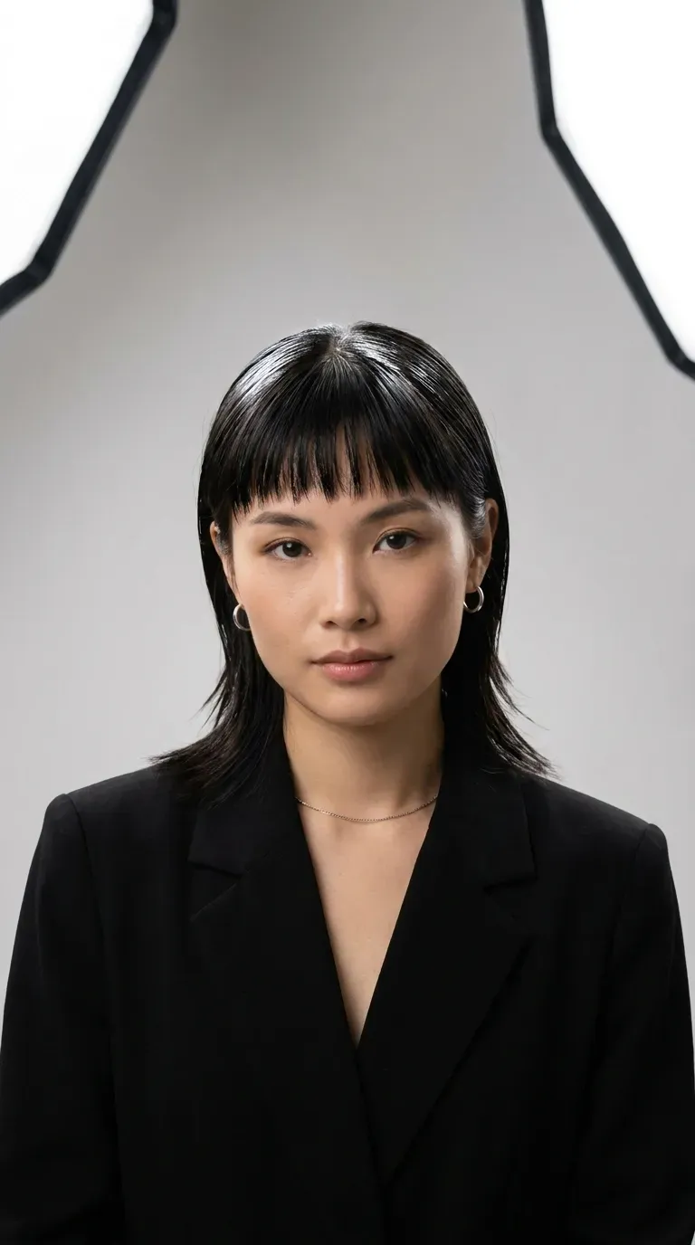 Woman with choppy bangs styled with a smooth glossy finish
